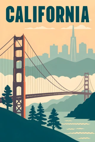 Template de design de pôster vintage da Califórnia com a ponte Golden Gate para arte de viagem