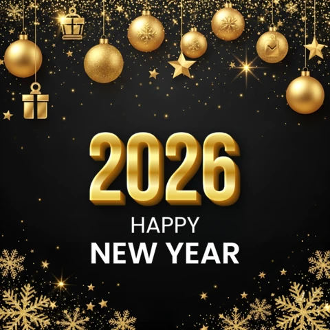 Elegant New Year 2026 Greeting Card Template with Gold Ornaments Design