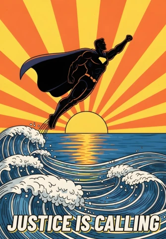 La justicia está llamando, superhéroe volando sobre el océano al atardecer, plantilla de diseño de cartel.