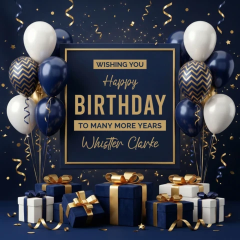 Birthday Celebration Poster Dark Blue Background with Gold Frame, Balloons, Confetti, and Gift Boxes Festive Party Theme