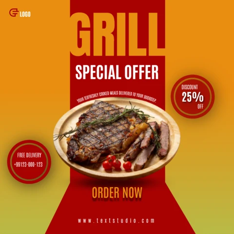 Oferta especial de parrilla amarilla y roja, publicación de instagram de templete