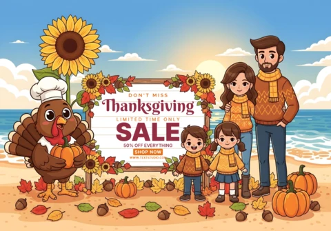 Vente de Thanksgiving scène de coucher de soleil à la plage avec chef dinde et famille 50% de réduction sur tout modèle de bannière promotionnelle.