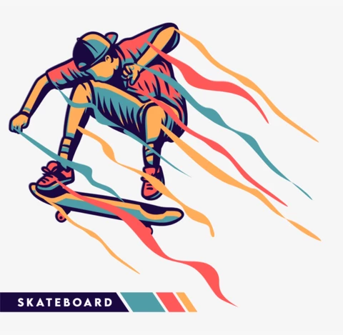 Ilustração colorida de um skatista com modelo de design de pôster com efeito de movimento