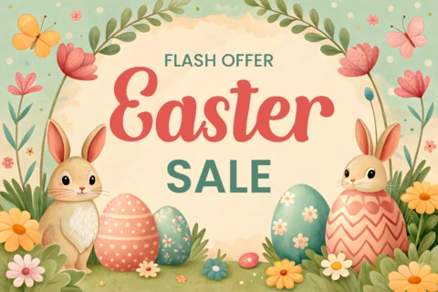 Whimsical Easter Sale Design Template with Cute Bunnies and Floral Elements