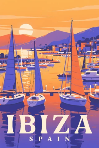 Ibiza Sunset in The Marina Design for Retro Flat Travel Posters Template