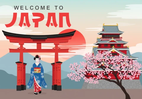 Szenisches Japan Kulturplakat mit traditioneller Kleidung, Kirschbaum und Schloss, umrahmt von Bergen und Torii-Tor.