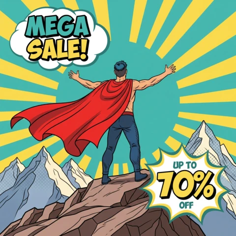 Mega venda estilo quadrinhos cena de montanha com design de explosão de capa vermelha para folhetos promocionais