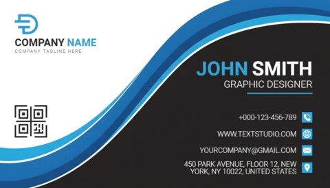 Tarjeta de visita profesional para creativos, tema azul y negro, plantilla de diseño elegante.