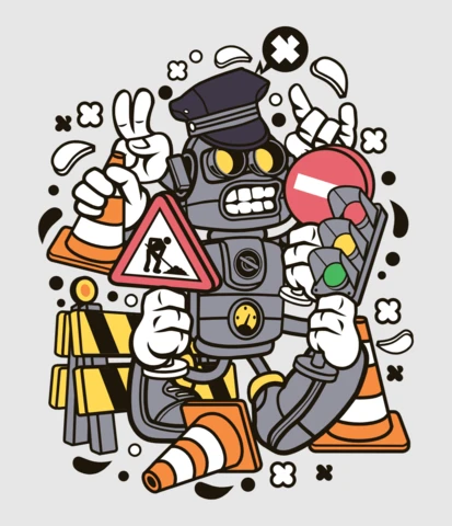 Traffic Robot Cartoon Character T-shirt Design Template
