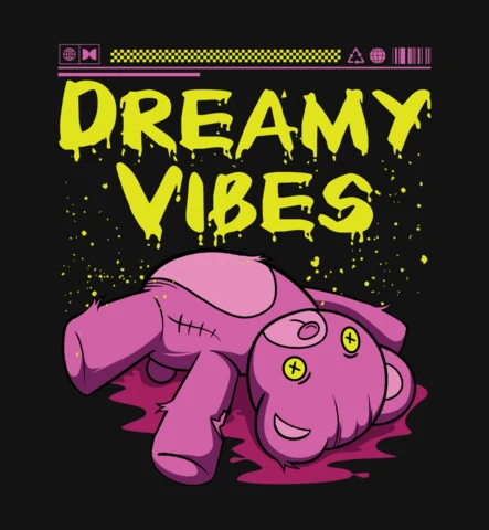 Arte de oso de peluche rosa con vibras soñadoras y tipografía de graffiti & íconos surrealistas, plantilla de diseño de camiseta.