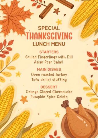 Modèle de design de menu de Thanksgiving avec des feuilles d'automne et du maïs pour des événements festifs