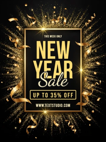 New Year Sale Design Template with Gold Confetti for Promotional Flyer