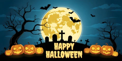 Halloween cimitero zucche illuminate, luna piena e alberi contorti modello di copertura facebook