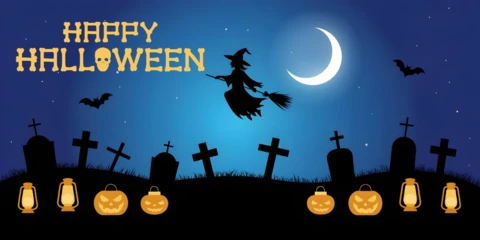 Korkutucu cadılar bayramı gecesi jack-o'-lantern'lar, fenerler ve perili mezarlık sahnesi facebook kapak tasarım şablonu