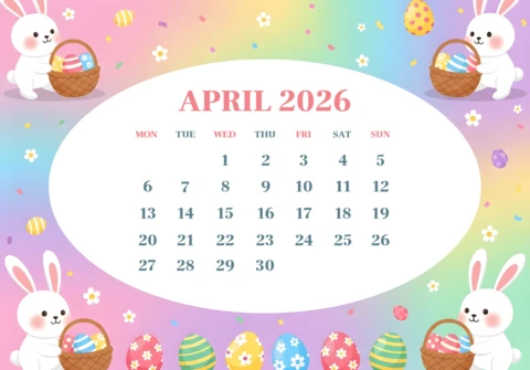 Rainbow Gradient with Rabbits, Easter Eggs, Flowers, and Decorative Border Theme April 2026 Calendar Poster