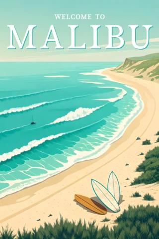 Malibu Beach Retro Flat Design Template for Posters and Merchandise