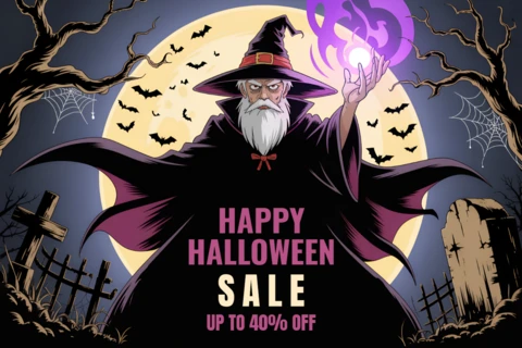 Design del template per volantini di vendita di Halloween con stregone spettrale