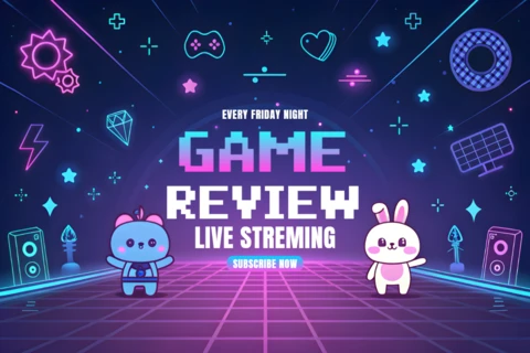 Modelo de streaming ao vivo de revisão de jogos colorido com design de personagens fofos