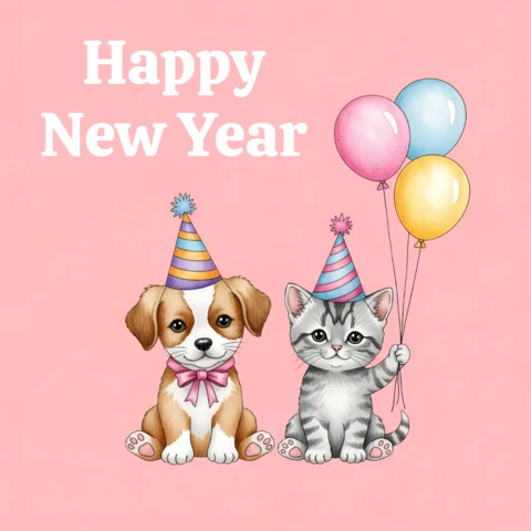 Plantilla de diseño de feliz año nuevo con globos de perrito y gatito para tarjetas de felicitación