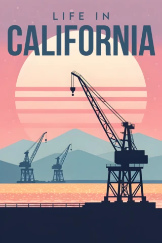 Retro Flat California Sunset Crane Design Template for Posters