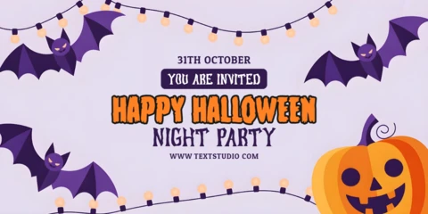 Cadılar Bayramı partisi davetiyesi uçan yarasalar, jack-o'-lantern ve ip ışıkları facebook kapak tasarım şablonu