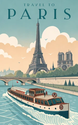 Vintage Paris Travel Poster Design Template with Eiffel Tower and Bateau Mouche