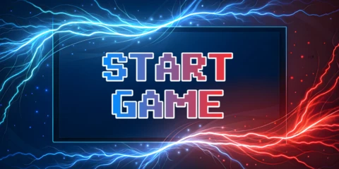 Modèle de conception de démarrage de jeu rétro avec effets électriques néon