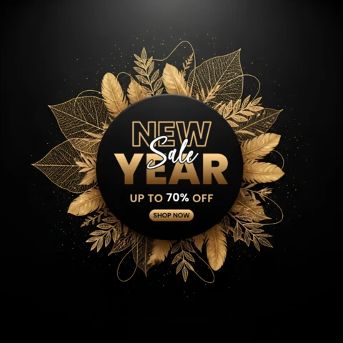 Elegante Neujahrsverkaufs-Vorlage mit goldenen Blättern-Design für Werbeflyer
