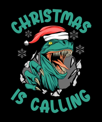 Christmas Is Calling Raptor Santa-Hatted Dino Breaks Through for The Holidays T-Shirt Design Template