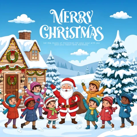 Snow-Covered House with Santa and Kids Celebrating Christmas with Joy and Harmony Poster Design Template
