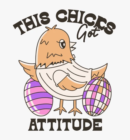 Este diseño de camiseta de "Esta gallina tiene actitud" con un pollito de dibujos animados y huevos para Pascua.