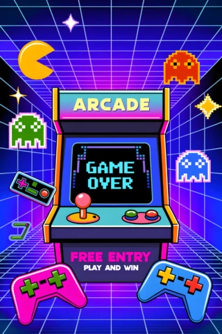 Modèle de design rétro de jeu d'arcade pour flyers et affiches