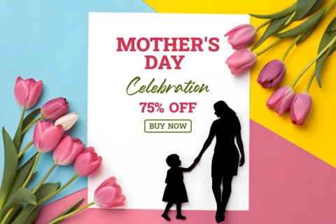 Modello di design per la festa della mamma con elementi floreali e silhouette artistiche