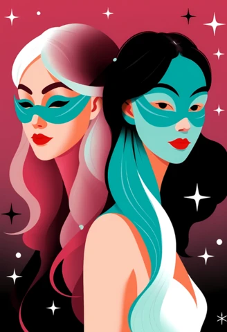 Chic Duality: Modern Masked Women Illustration for Trendy Design Templates