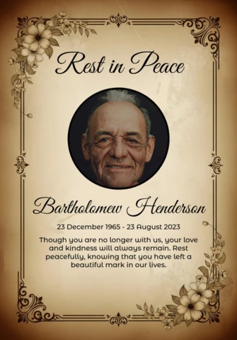 Plantilla de diseño de cartel conmemorativo en tonos sepia con esquinas florales y un mensaje amoroso de descanse en paz.