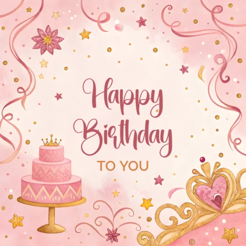 Whimsical Birthday Celebration Design Template with Cake and Stars for Princesses