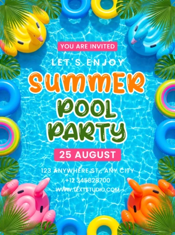 Colorful Summer Pool Party Invitation Flyer with Floating Rings and Cute Animals in a Bright Blue Swimming Pool Water Background