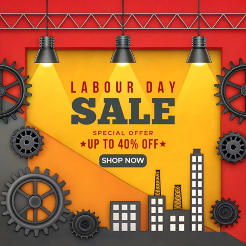 Industrial-Themed Labour Day Sale Template Design - Up to 40% Off