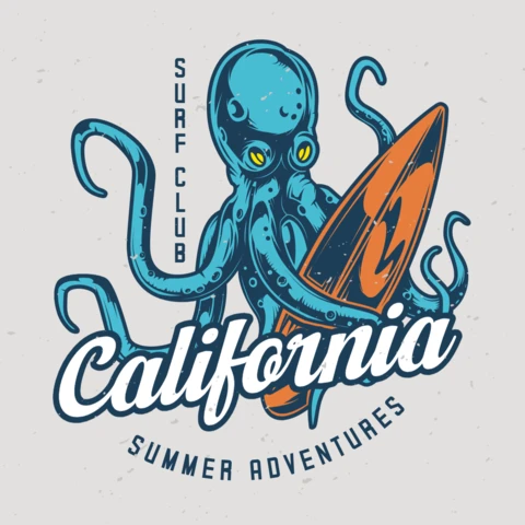 Octopus And Surfing Board T-Shirt Design Template