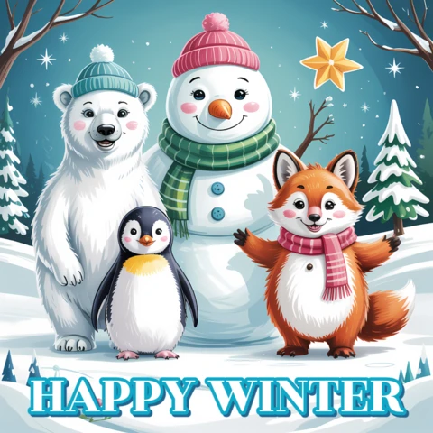 Winter Wonderland Design Template with Cute Animals for Holiday Cards
