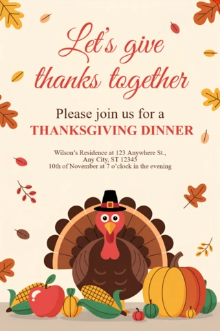 Thanksgiving Dinner Invitation Template with Cute Turkey Design