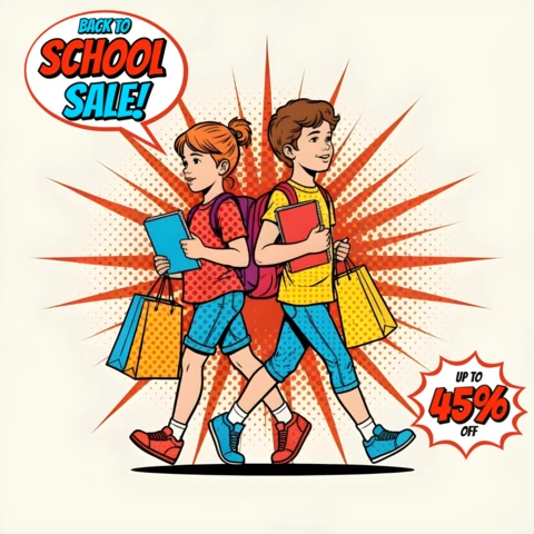 Compras escolares alegres cómicas niños con cuadernos y mensaje de venta de regreso a clases plantilla de diseño para volantes promocionales