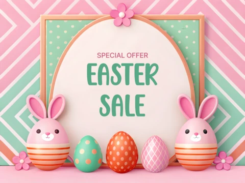 Colorful Easter Sale Design Template with Playful Bunnies and Eggs