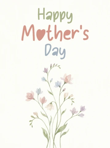 Mother’s Day Greeting Card Featuring Colorful Fonts, Heart Symbol Typography, and Pastel Watercolor Floral Artwork