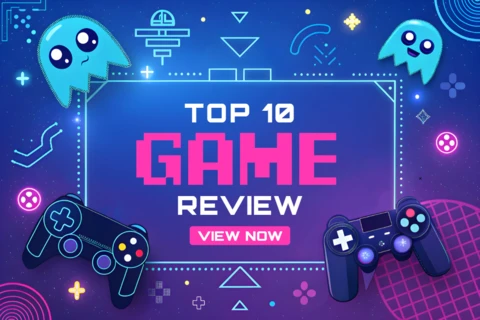 Modèle de critique de jeu coloré avec des éléments rétro pour du contenu de jeu