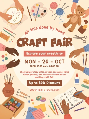 Creative Craft Fair Event Flyer Template with Art Tools, Embroidery and Handmade Workshop Illustration
