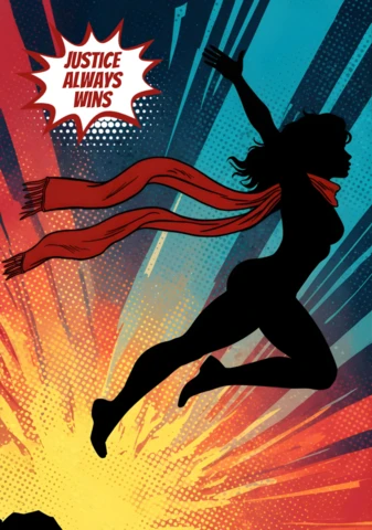 Justice Wins Always Leaping Silhouette with Radiant Background Poster Design Template