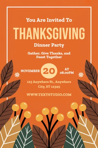 Thanksgiving Dinner Party Invitation Template with Autumn Leaves Design