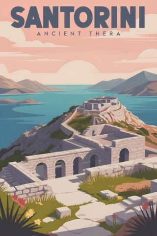 Ancient Thera Ruins Overlooking Aegean Sea At Sunset Santorini Travel Posters Design Template