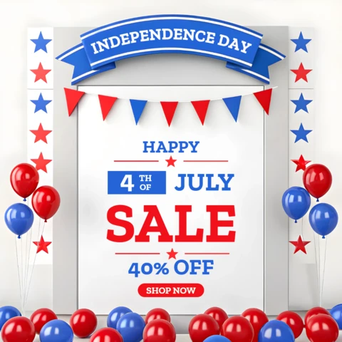 Template de design 3D para venda do dia da independência com faixas e balões